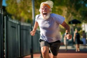 An elderly man attending a fitness event demonstrating his commitment to staying active and fit. Generative AI photo