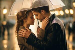 A close - up shot of a couple embracing under an umbrella in the rain. Generative AI photo