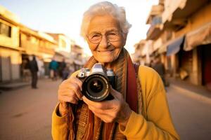 An elderly woman using a camera and a photography hobby, demonstrating her skills to adapt to modern developments. Generative AI photo