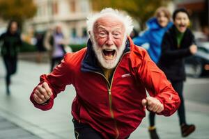 An elderly man attending a fitness event demonstrating his commitment to staying active and fit. Generative AI photo