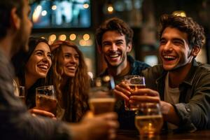 un grupo de amigos tostado y celebrando con su cervezas en un vibrante, bien - iluminado bar. generativo ai foto