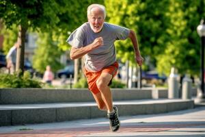 An elderly man attending a fitness event demonstrating his commitment to staying active and fit. Generative AI photo