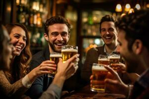 A group of friends toasting and celebrating with their beers in a vibrant, well - lit bar. Generative AI photo