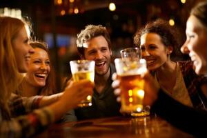 un grupo de amigos tostado y celebrando con su cervezas en un vibrante, bien - iluminado bar. generativo ai foto