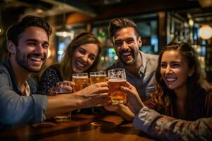 A group of friends toasting and celebrating with their beers in a vibrant, well - lit bar. Generative AI photo