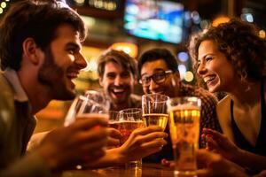 A group of friends toasting and celebrating with their beers in a vibrant, well - lit bar. Generative AI photo