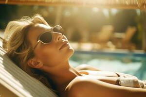 A close - up shot of a woman in a bikini, lying comfortably on a beach lounger, basking in the warm sunlight. Generative AI photo