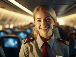 A close - up shot of a female flight attendant, standing in the aisle of an airplane cabin, warmly welcoming passengers with a smile.  Generative AI photo