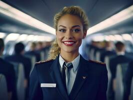 A close - up shot of a female flight attendant, standing in the aisle of an airplane cabin, warmly welcoming passengers with a smile.  Generative AI photo