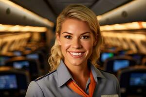 A close - up shot of a female flight attendant, standing in the aisle of an airplane cabin, warmly welcoming passengers with a smile.  Generative AI photo