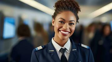 A close - up shot of a female flight attendant, standing in the aisle of an airplane cabin, warmly welcoming passengers with a smile.  Generative AI photo