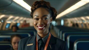 A close - up shot of a female flight attendant, standing in the aisle of an airplane cabin, warmly welcoming passengers with a smile.  Generative AI photo