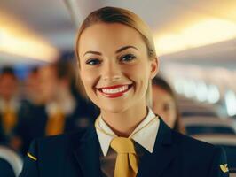 un cerca - arriba Disparo de un hembra vuelo asistente, en pie en el pasillo de un avión cabina, calurosamente acogedor pasajeros con un sonrisa. generativo ai foto