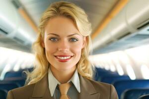 A close - up shot of a female flight attendant, standing in the aisle of an airplane cabin, warmly welcoming passengers with a smile.  Generative AI photo