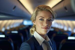 A close - up shot of a female flight attendant, standing in the aisle of an airplane cabin, warmly welcoming passengers with a smile.  Generative AI photo