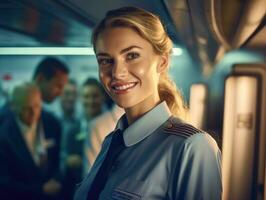 A close - up shot of a female flight attendant, standing in the aisle of an airplane cabin, warmly welcoming passengers with a smile.  Generative AI photo