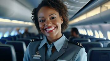 A close - up shot of a female flight attendant, standing in the aisle of an airplane cabin, warmly welcoming passengers with a smile.  Generative AI photo