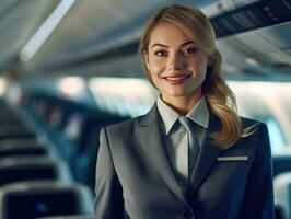 un cerca - arriba Disparo de un hembra vuelo asistente, en pie en el pasillo de un avión cabina, calurosamente acogedor pasajeros con un sonrisa. generativo ai foto