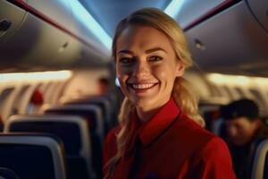 A close - up shot of a female flight attendant, standing in the aisle of an airplane cabin, warmly welcoming passengers with a smile.  Generative AI photo