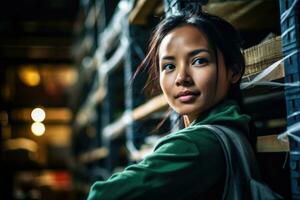 A close - up shot featuring a female cargo worker in a warehouse setting. Generative AI photo