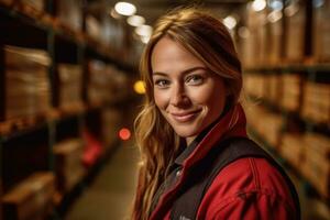 A close - up shot featuring a female cargo worker in a warehouse setting. Generative AI photo