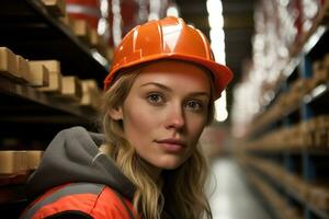 A close - up shot featuring a female cargo worker in a warehouse setting. Generative AI photo