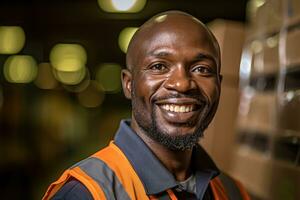 A close - up shot featuring a male cargo worker in a warehouse setting. Generative AI photo