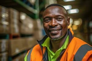 A close - up shot featuring a male cargo worker in a warehouse setting. Generative AI photo