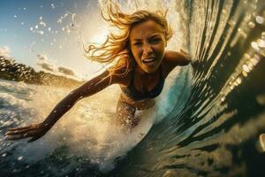 A photo of a female surfer surfing on a strong wave. Generative AI