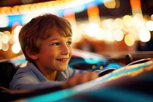 un cerca - arriba Disparo de un joven chico, riendo y disfrutando el adrenalina prisa de un parachoque coche colisión. generativo ai foto