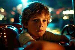 A close - up shot of a young boy, laughing and enjoying the adrenaline rush of a bumper car collision. Generative AI photo