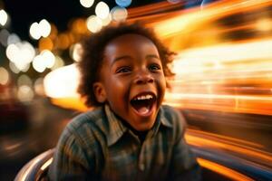 A close - up shot of a young boy, laughing and enjoying the adrenaline rush of a bumper car collision. Generative AI photo