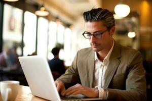 A close - up shot of a businessman using a laptop at a coffee shop. Generative AI photo