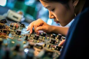A young woman working on a production line in a bustling factory with a close - up shot of her hands assembling a product. Generative AI photo