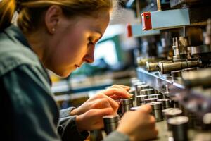 un joven mujer trabajando en un producción línea en un bullicioso fábrica con un cerca - arriba Disparo de su manos montaje un producto. generativo ai foto