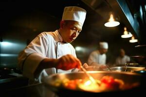 A close - up shot of a chef in a professional kitchen, skillfully preparing a dish. Generative AI photo