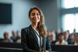 A close - up shot of a confident businesswoman giving a presentation in a modern conference room. Generative AI photo