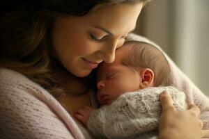 un cerca - arriba Disparo de un contento madre suavemente de plataforma su recién nacido bebé. generativo ai foto