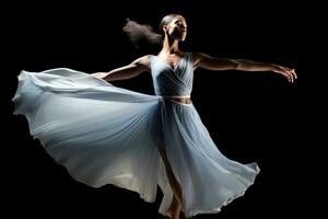 A close - up shot of a dancer in mid - air, frozen in a graceful pose. Generative AI photo