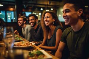 A close-up shot of a group of friends having fun together while dining at the venue. Generative AI photo