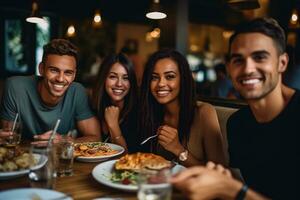 A close-up shot of a group of friends having fun together while dining at the venue. Generative AI photo