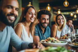 A close-up shot of a group of friends having fun together while dining at the venue. Generative AI photo