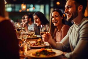A close-up shot of a group of friends having fun together while dining at the venue. Generative AI photo