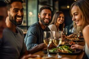 A close-up shot of a group of friends having fun together while dining at the venue. Generative AI photo