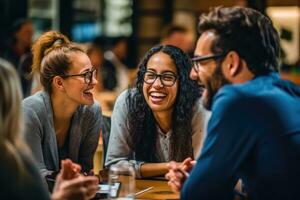 A close - up shot of a diverse group of people engaging in a lively discussion and sharing ideas in a creative workshop setting. Generative AI photo