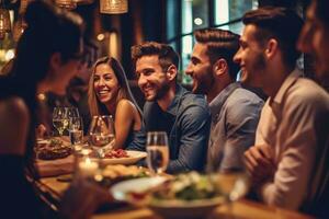 A close-up shot of a group of friends having fun together while dining at the venue. Generative AI photo