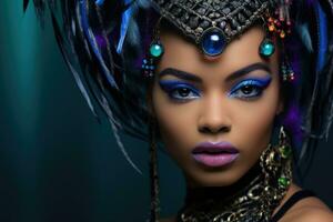 A close - up shot of a fashion model, showcasing intricate makeup and bold accessories. Generative AI photo