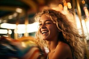 A close - up shot of a girl, her hair blowing in the wind, as she rides a carousel at an amusement park. Generative AI photo