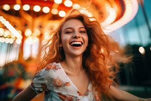 un cerca - arriba Disparo de un chica, su pelo soplo en el viento, como ella paseos un carrusel a un diversión parque. generativo ai foto