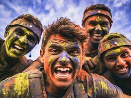 Close-up shot of group of happy friends playing paintball and having splashes of colorful paint on their faces. Generative AI photo